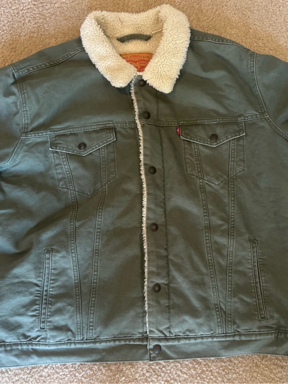 Levi's Olive Green Sherpa-Lined Trucker Jacket with Cream Collar